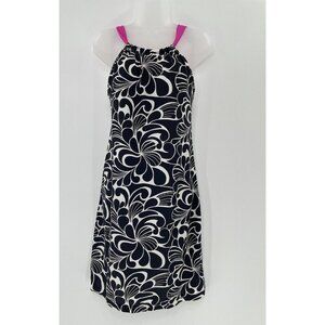 Athleta Black and White Floral Swim Dress with Pink Straps
